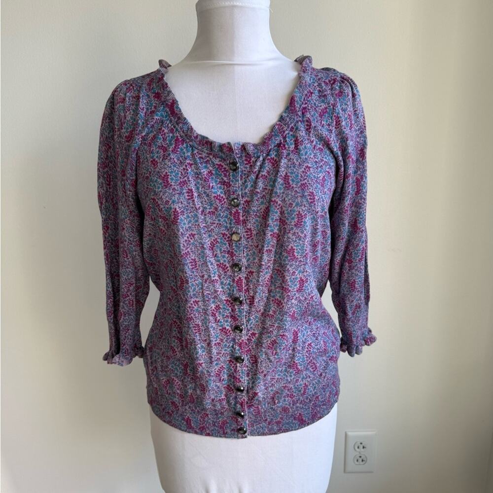 MARC BY MARC JACOBS PURPLE FLORAL 3/4 SLEEVE KNIT BUTTON DOWN MEDIUM